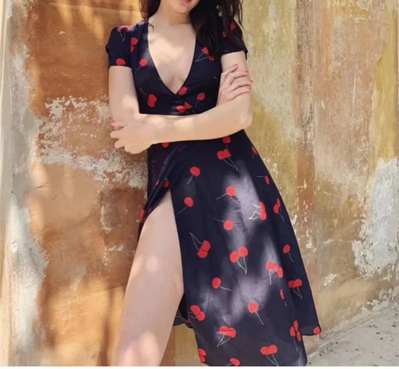 

Vintage Chic V neck Floral Pattern Midi Wrap Dress Cherry Dress Bow Tie Cross Design Short Sleeve Retro Vestido Mujer