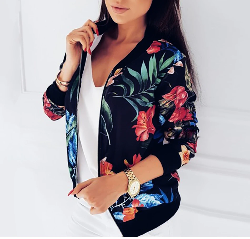 Women's Retro Floral Print Thin Zipper Jacket Model 1