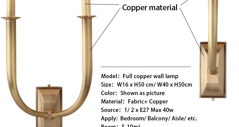 Современный настенный светильник из настоящей меди, настенные бра, тканевый абажур, зеркало для ванной комнаты, прикроватные светильники для шкафа, домашнее освещение BLW042