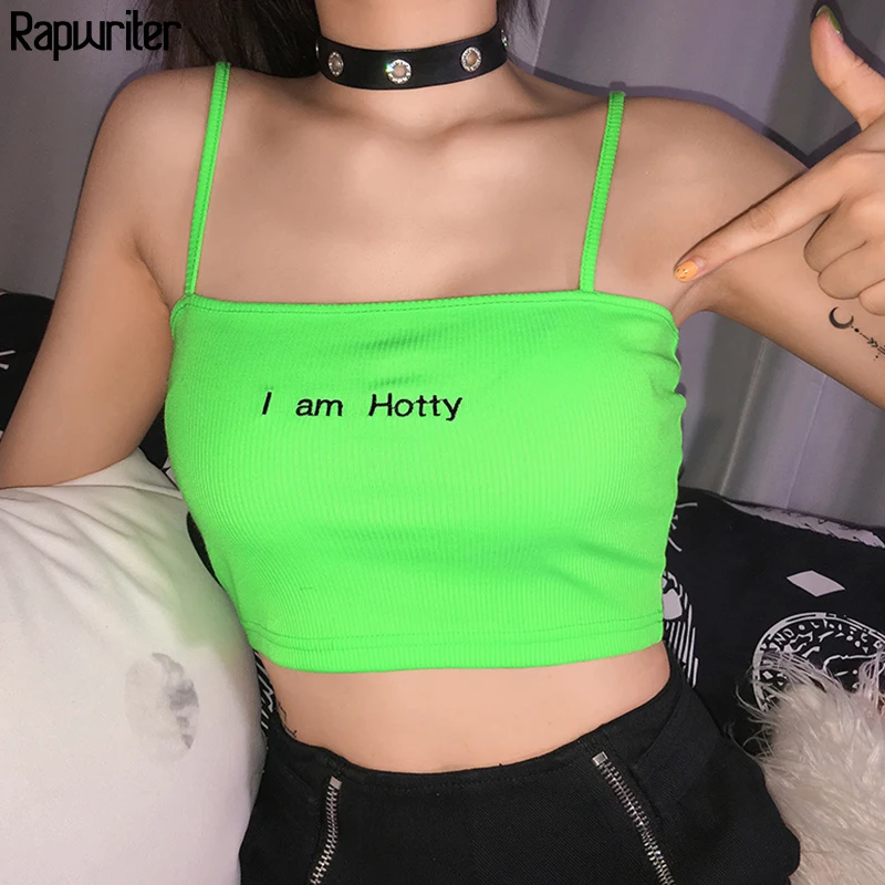 

Rapwriter Sexy Spaghetti Strap Letter Embroidery Fluorescent Green Crop Tops 2019 Backless Streetwear Bralet Bustier Camisole