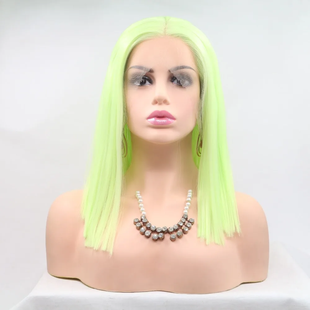 Marquesha реалистичный вид желтый зеленый Боб Cut натуральный Hairline Термостойкое волокно Синтетические Кружева передние парики для женщин