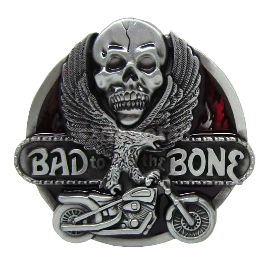 'Bad to the Bone' Skull Flying Eagel Motorcycle Metal Belt Buckle Western Cowboy