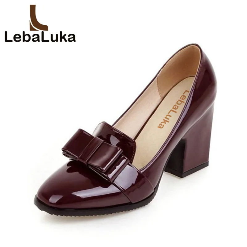 

LebaLuka Size 33-43 Women High Heels Shoes Bowknot Square Toe Pumps Office Lady Thick Heel Party Shoe Women Mature Date Footwear