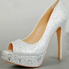 2016 Luxury Silver Peep Toe Gem Diamond Wedding Shoes Bridal Shoes Bridesmaid Party Custom Made Shoes Size Formal Dress Shoes