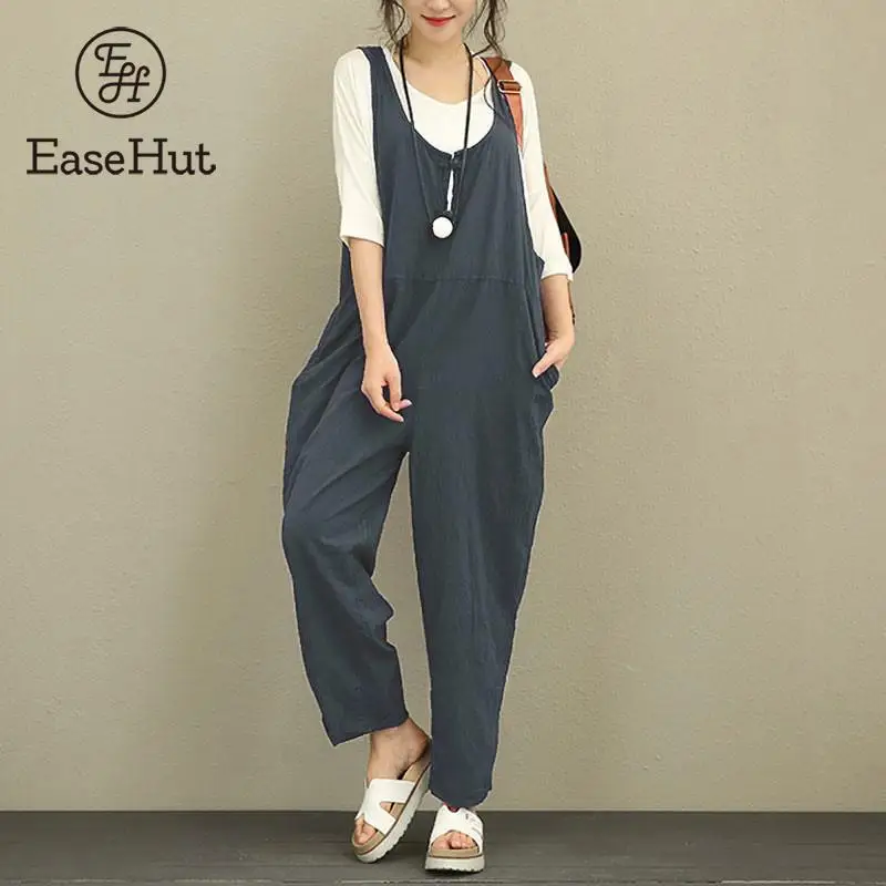 EaseHut Retro Cotton Linen Rompers Womens Jumpsuits 2018 Female Backless Overalls Playsuit Plus Size Pantalon Palazzo macacao 