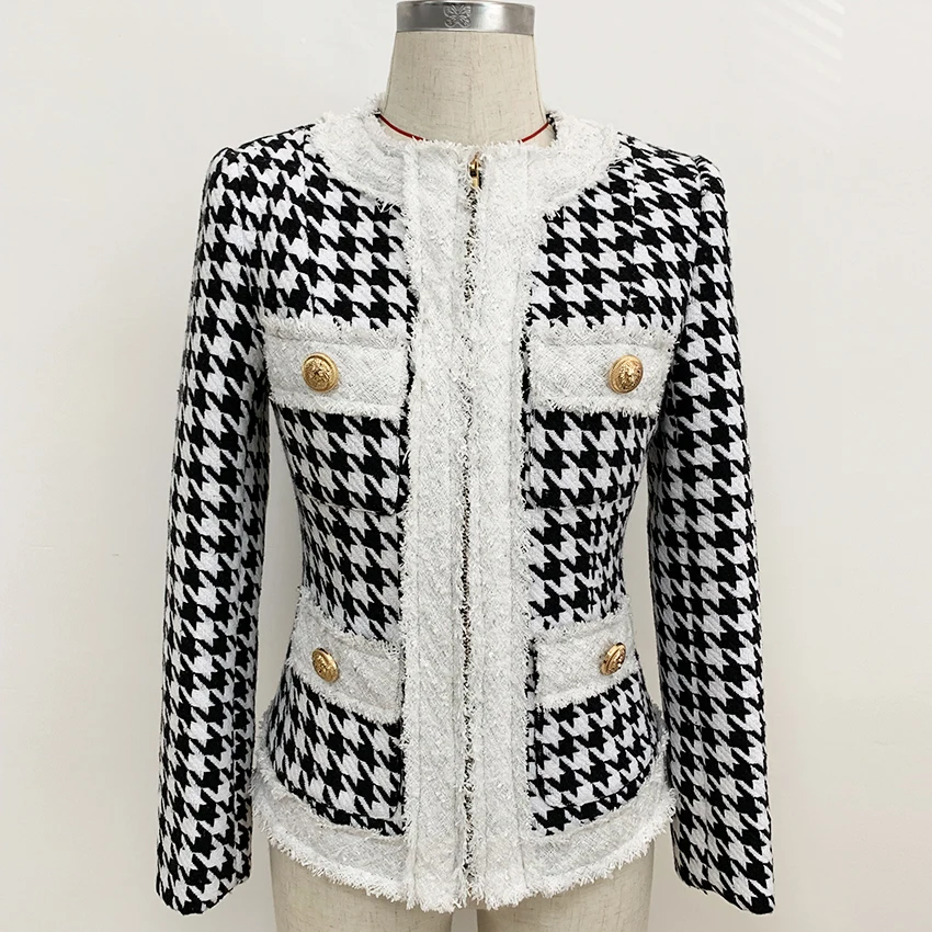 price reduction HIGH STREET Newest 2020 Fall Winter Designer Jacket Women's Zip Houndstooth Fringed Tweed Jacket Co