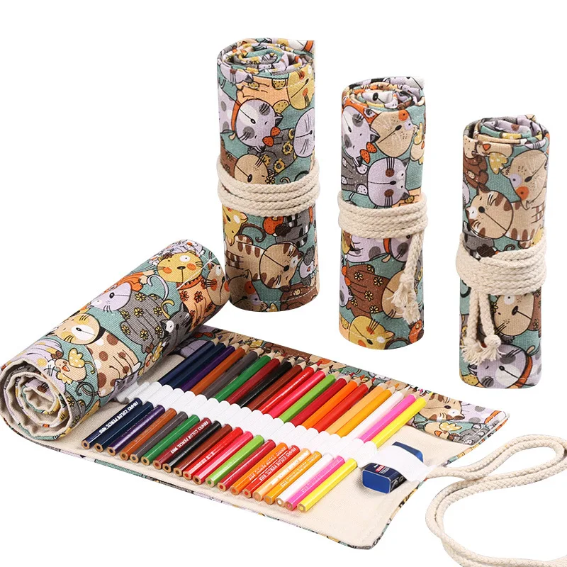 72 Отверстия холст пенал-рулон ручной работы не выцветает красиво напечатанный большой пенал цветные карандаши обертывание сумка для хранения - Цвет: cute cat