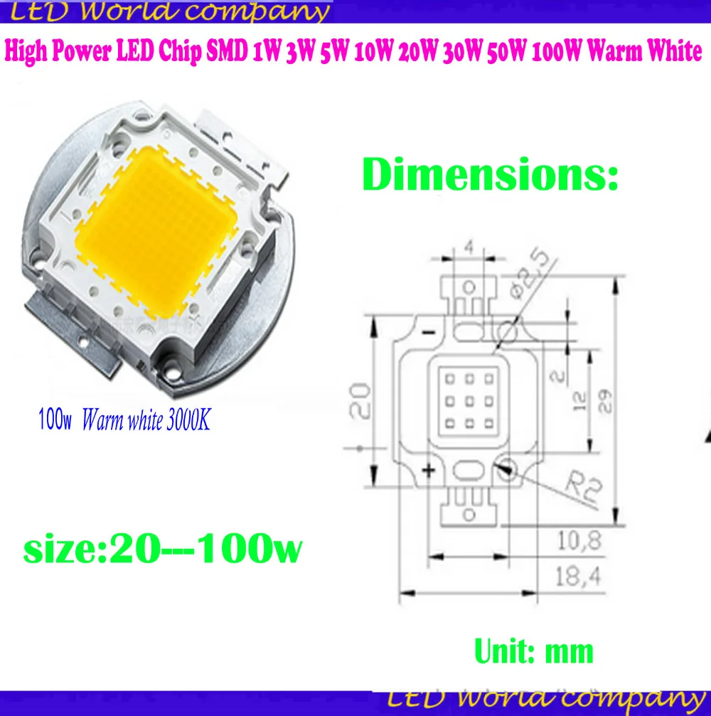 Высокая мощность теплый белый светодиодный чип высокая мощность светодиодный чип SMD 3000-3500K 1 Вт 3 Вт 5 Вт 10 Вт 20 Вт 30 Вт 50 Вт 100 Вт светильник с бусинами