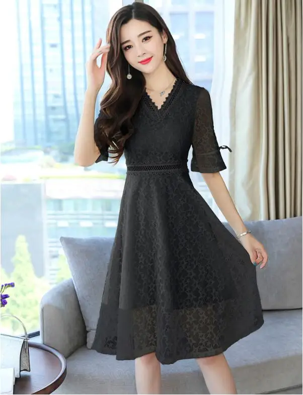LUKAXSIKAX женское летнее платье высокого качества с коротким рукавом и v-образным вырезом кружевное платье Элегантное винтажное вечернее платье Vestidos - Цвет: Черный