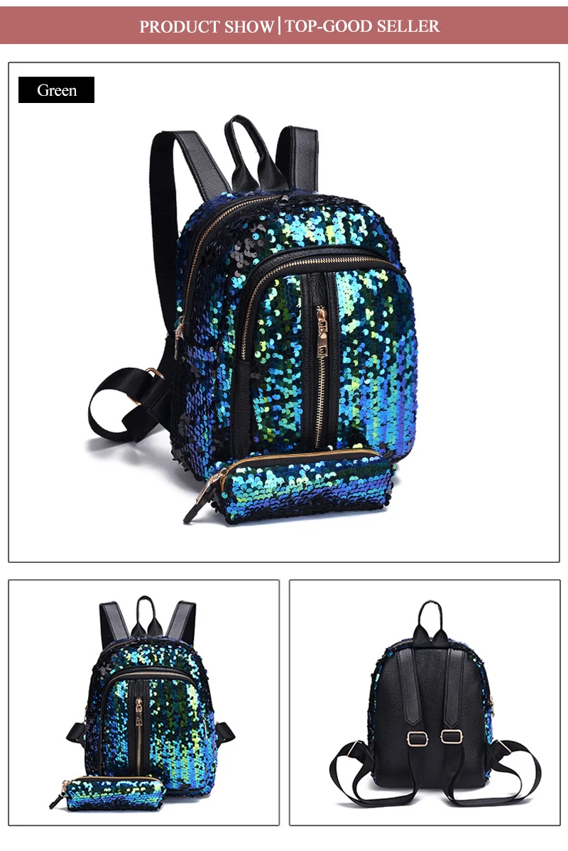 2pcs/set New Sequins Women Backpack for Teenage Girl Fashion Bling Rucksack Student School Bag with Pencil Case Clutch Mochilas