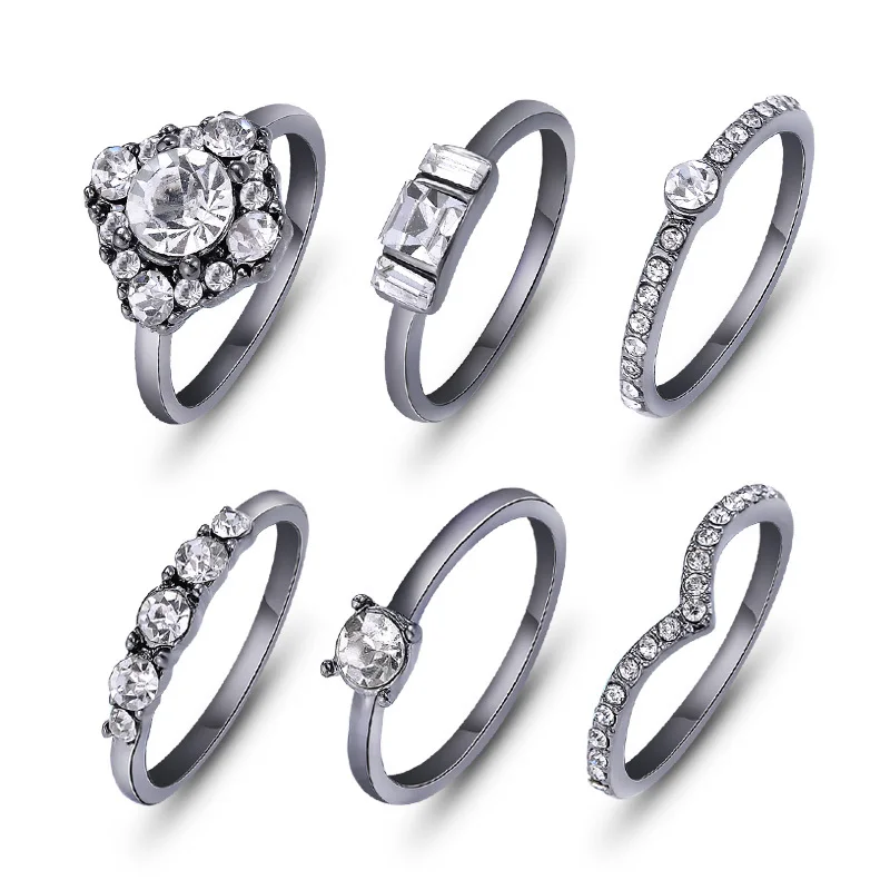 (6pcs /set) Hot Shiny Gold Color Crystal Austrian Zircon Rings Set Noble Charms Wedding Rings For Women Girls Fashion Jewelry