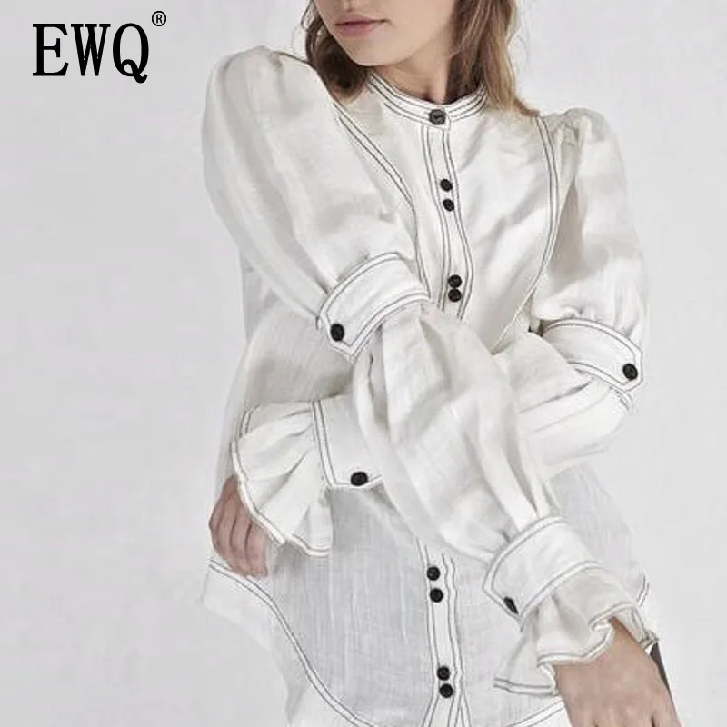 [EWQ] новая весенняя модная однобортная женская рубашка с длинным Расклешенным рукавом и круглым воротником, с разрезным карманом, неровная, BL757