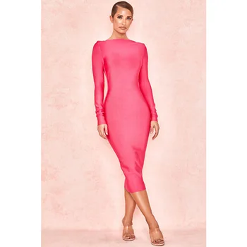 

KLEEZY 2019 Summer Women Pink Bandage Bodycon Dress Vestido Backless Sexy Long Sleeve Celebrity Evening Party Club Dress HL4854