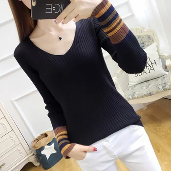 

2018 autumn and winter new black knitted Jersey V collar long sleeved sweater female Korean version