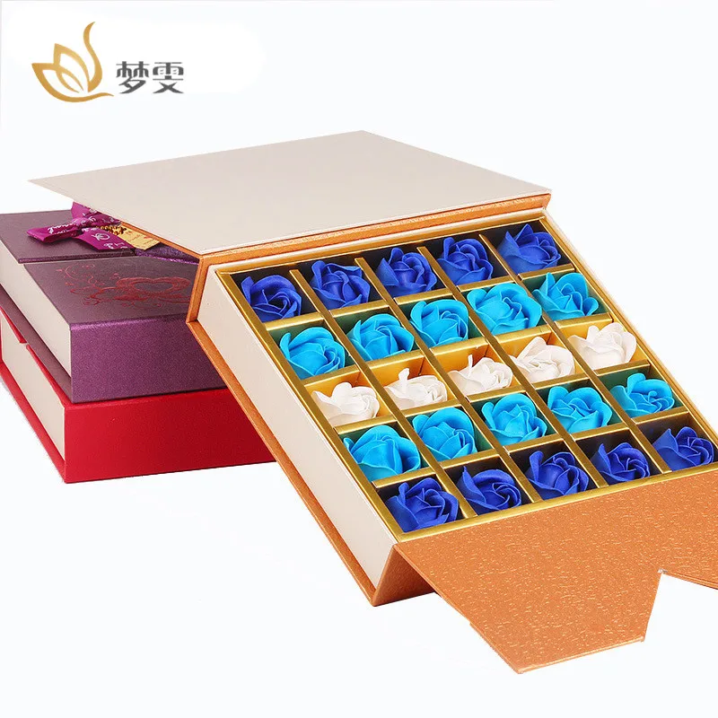 

25Pcs/Lot Colorful Soap Rose Flower Natural Preserved Rose Soap Scented Bath Body Soaps In Gift Box Wedding Party Gift