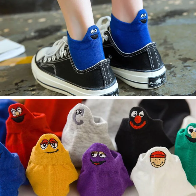 

New Women Summer Short Sock Funny Emoji Tide Ins Shallow Mouth Cute Cartoon Heel Embroidery Breathable Sesame Street Girls Socks