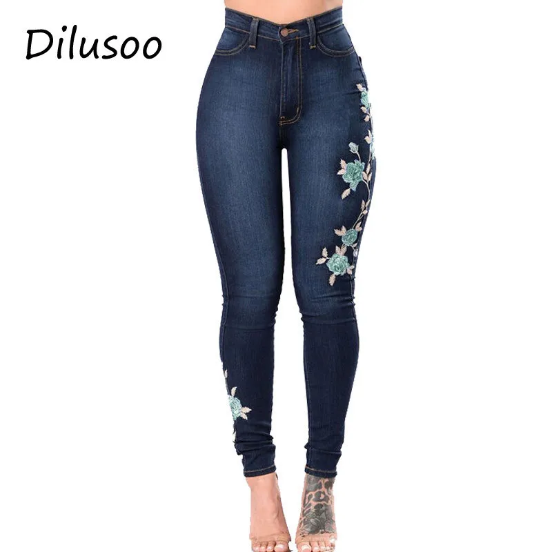 Dilusoo Для женщин вышивка обтягивающие джинсы штаны Высокая талия эластичные джинсовые узкие брюки Повседневное женщина Autumu джинсы Уличная