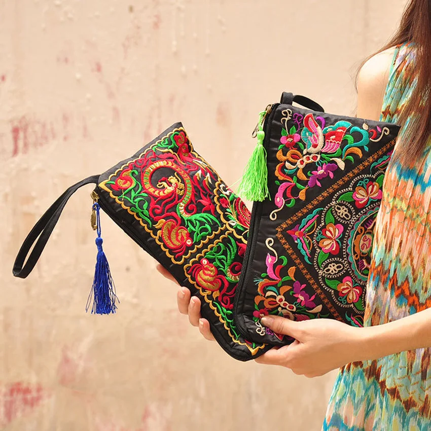 

Vintage Embroidery Women's Handbag National Retro Double Faced Embroidered Day Clutch Mobile Phone Bag Long Wallet Coin Purse