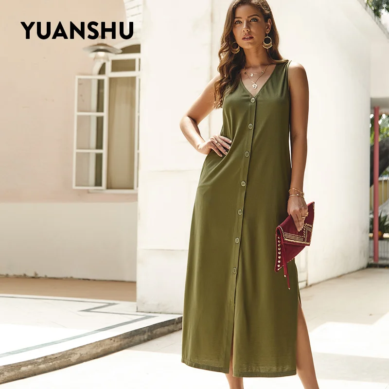 YUANSHU Elegant Maxi Dress Women Summer Solid Sleeveless V Neck Single Breasted Long Off Shoulder Office Ladies Dresses | Женская одежда