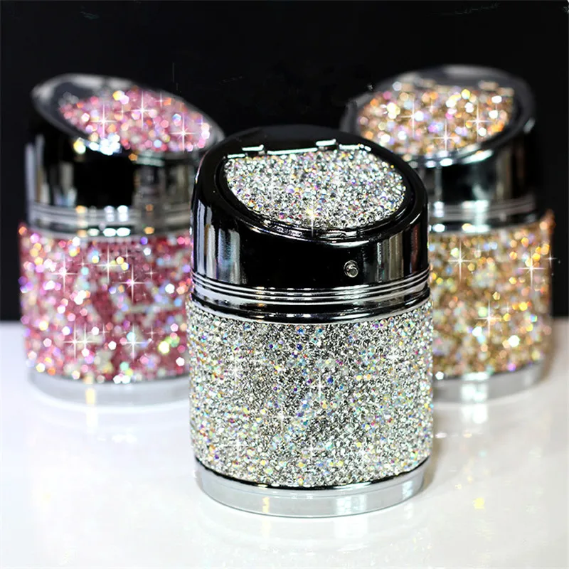 

Luxury Diamond Crystal Car Ashtray Cup Holder Metal Shiny Rhinestones Auto Ashtrays Portable For Women Girls Car Accessories