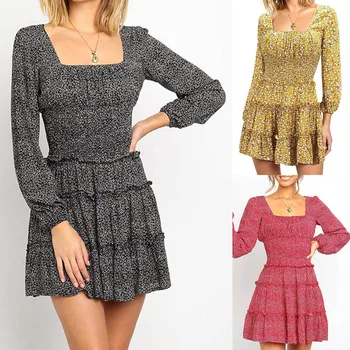

Autumn New Women Fashion Sexy Square-Neck Floral Print Slim Wrapped Long Sleeve Ladies Dress платье Wholesale Free Ship Z4