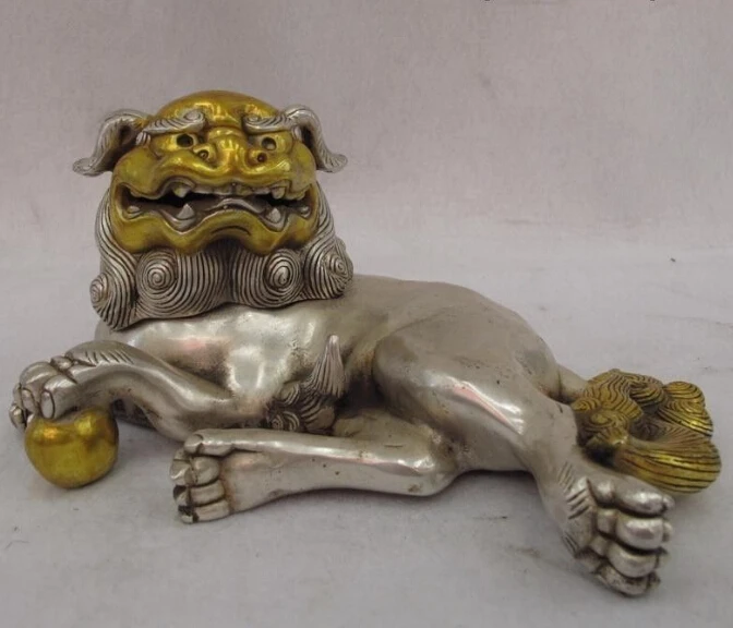 

Chinese Buddhism Copper silver Gild Evil Fu Foo Dog Lion Censer incense burner