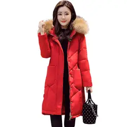 Красный Для женщин пуховик пальто реального меховой воротник зимняя куртка Для женщин с капюшоном Утепленные длинные Зимняя Куртка парка