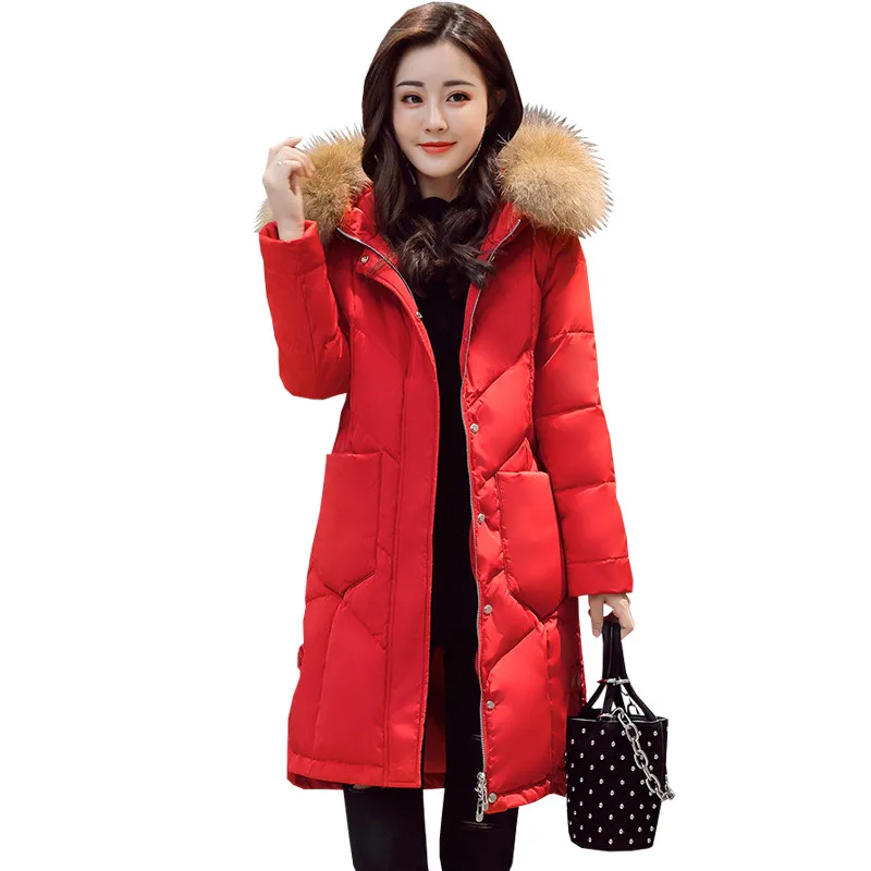 Red Women's Down Jacket Coat Real Fur Collar Winter Jacket Women Hooded Thicken Long Winter