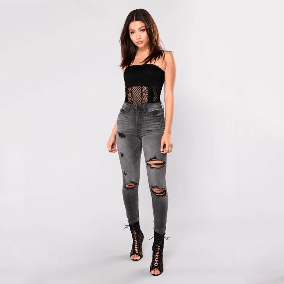 Women Boyfriend style Plus Size Ripped hot Jeans Patchwork Mesh Female ...