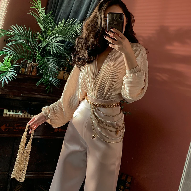 

Blusas Mujer De Moda 2019 A Folded Bat Sleeve Tunic Women Long Sleeve Shirts Lace Blouse Solid Full V-Neck Streetwear Blouse