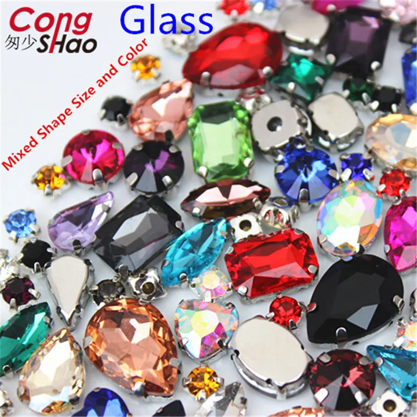 Teardrop Colorful Glass Sew On Rhinestones With Gold Claw