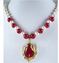 

7-8mm White Akoya Cultured Pearl & Red GEM Necklace & Pendant Fine Plated wide wings queenlady's Jewelry American style