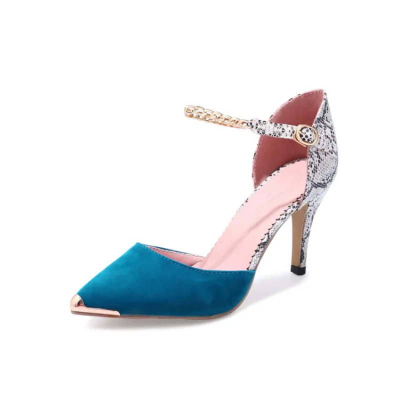 

2018 Spring Summer New Arrivals Sexy High Heels Cusp Tide Shoes Woman Sandal Flock Ankle-Wrap Buckle Strap Metal Decoration