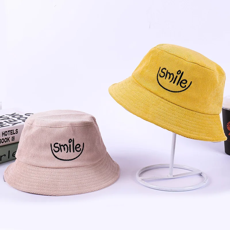 

2019 New Korean corduroy women hat Embroidered letter smiley pattern basin hat Creative section fisherman hat men bucket sun hat