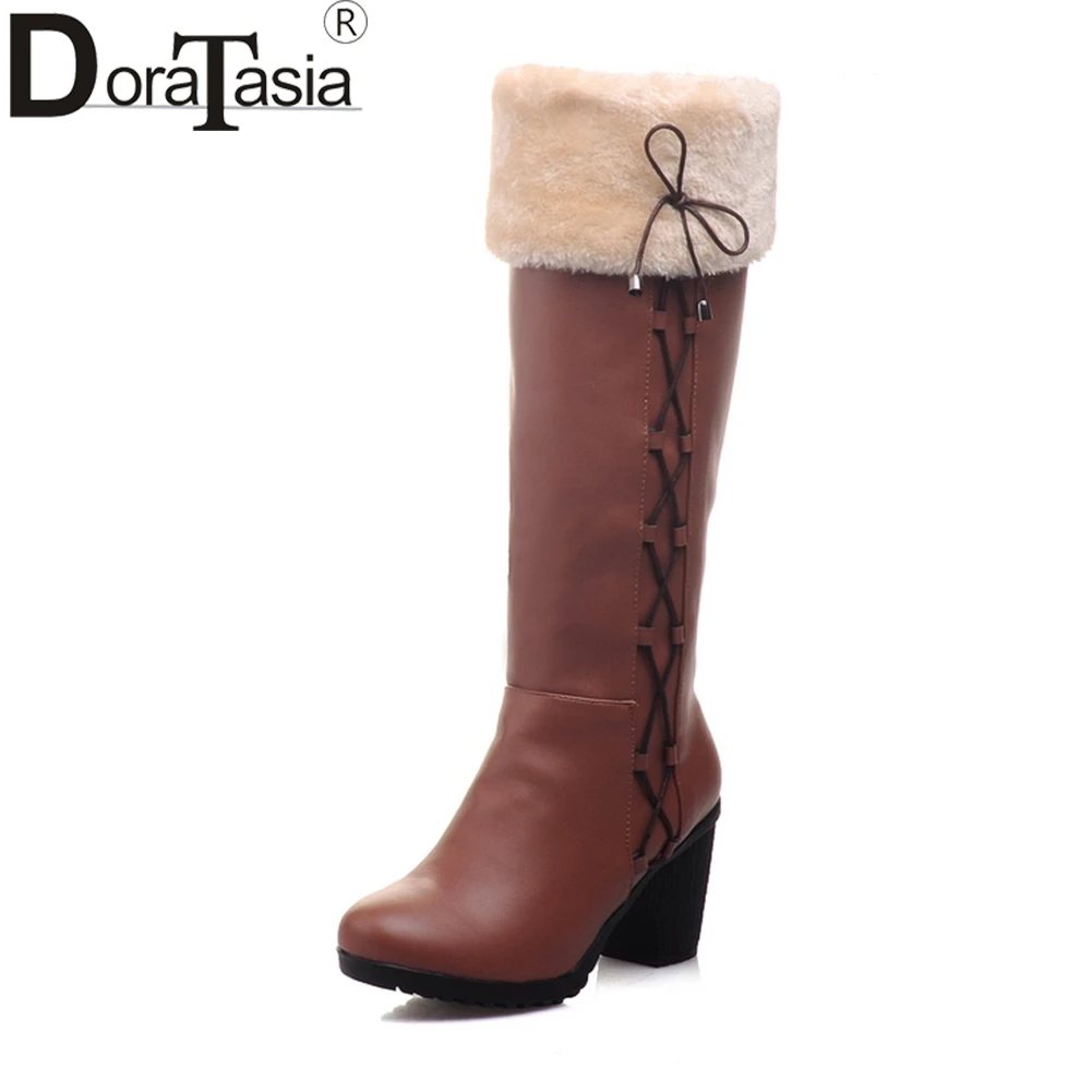 DoraTasia/Большие размеры 34-43, женские ботфорты, Винтажная обувь на не сужающемся книзу высоком массивном каблуке, женские осенне-зимние ботфорты на толстом меху