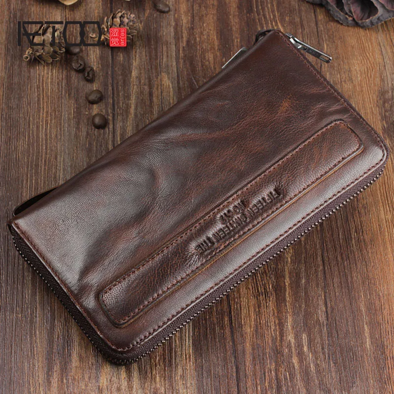 

AETOO Pure handmade sheepskin retro long wallet men's zipper folds to do old leather soft youth handbag hand Vintage