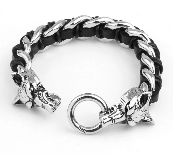 Fine Biker Jewelry Two Wolf Heads Stainless Steel Leather Men's