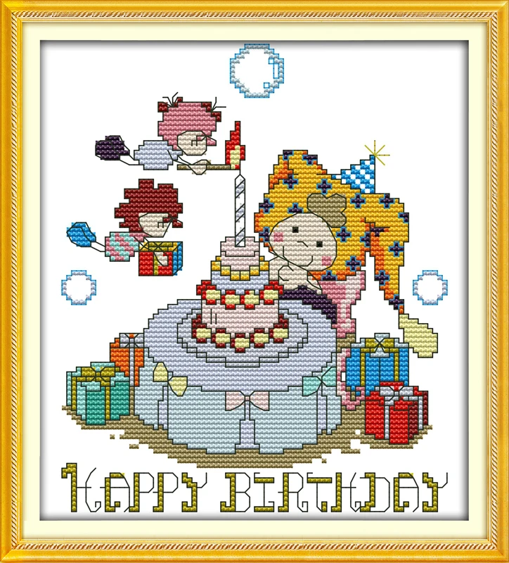 Happy birthday cross stitch kit cartoon 14ct 11ct count print canvas