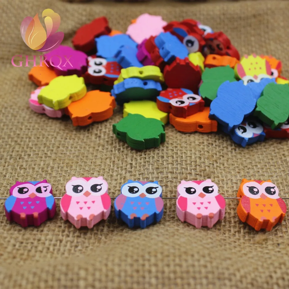 GHRQX Hot Sell DIY Owl Wooden Beads animal Styles Lovely Spacer Beading Wood Beads Toys For Baby DIY Crafts Kids Toys 20pcs
