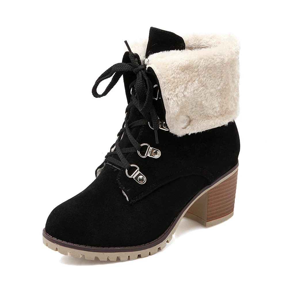 BONJOMARISA/Лидер продаж, классические зимние ботинки на нескользящей платформе женские теплые меховые ботинки, большие размеры 34-43, женская обувь на высоком каблуке - Цвет: Черный