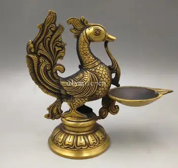 

8'' brass copper carvings animal bird phoenix oil lamp statue