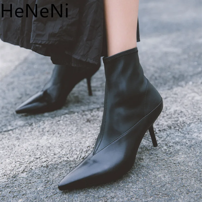 

hot fashion ladies boots black pointed toe genuine leather zipper ankle boots for women sexy dress shoes 2019 Spring new 33-40