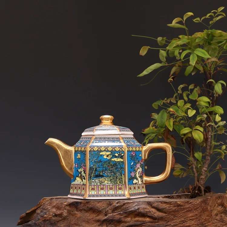 Цзиндэчжэнь Античная Qianlong Эмаль Золотой чайник с ручкой шестиугольник чайники с цветами и птицами узор древний фарфор