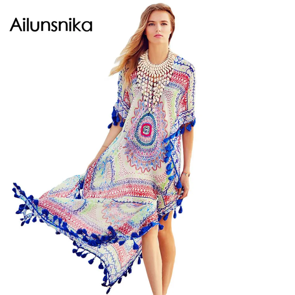 Ailunsnika 2017 New Summer Womens Sexy Navy Red Ethnic Print Sheer Caftan Beach Blue Tassel Trim Chiffon Print Maxi Dress 42117