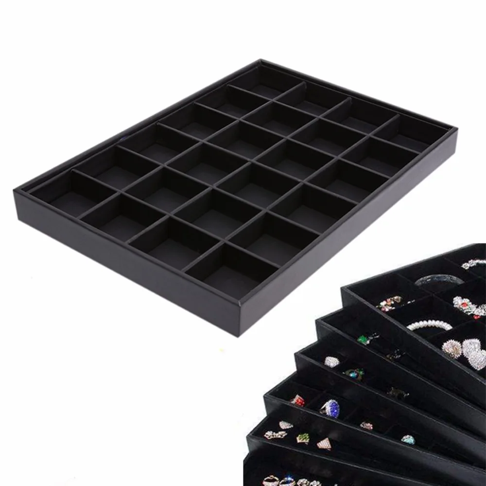 24 Grids Jewelry Organizer Display Case PU Velvet Tray Necklace Rings