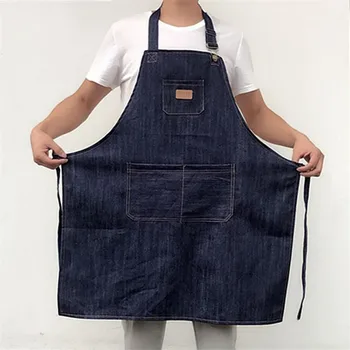 

Denim Kitchen Cooking Apron with Adjustable Cotton Strap Large Pockets Blue Barista Men and Women Homewear