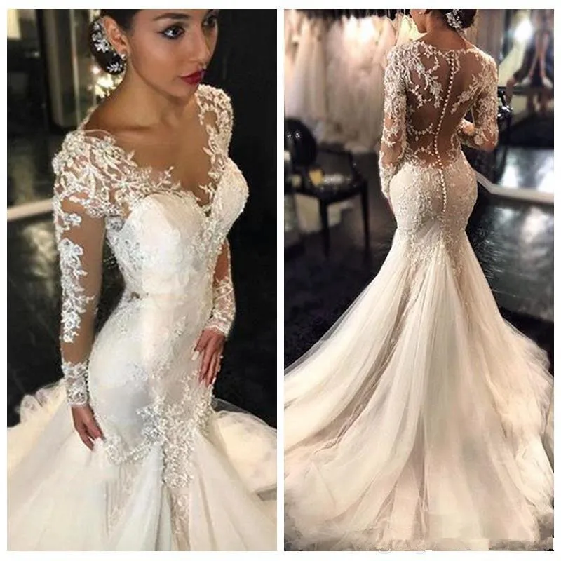 

Gorgeous Lace Mermaid Wedding Dresses Dubai African Long Sleeves Fishtail Custom Bridal Gown with Buttons vestido de noiva