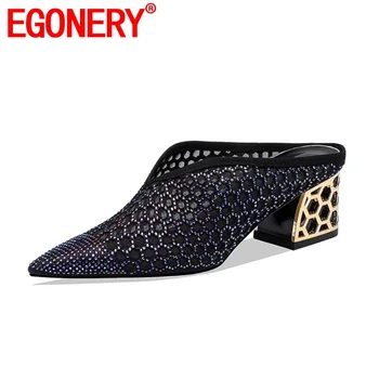 

EGONERY high quality pointed toe middle heel footwear 2019 fashion sexy dress party shoes 3.5 cm square heel slippers size 34-41
