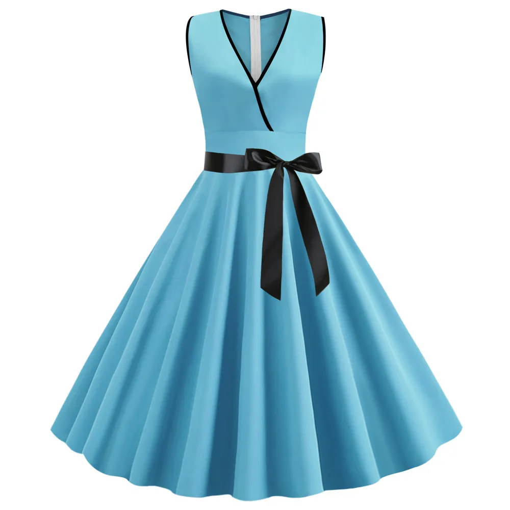 LAUZUOLA Light Blue Pink Pleated Vintage Dress Women Sexy Sleeveless V Neck Retro 50s 60s Pinup Swing Summer Dresses Solid