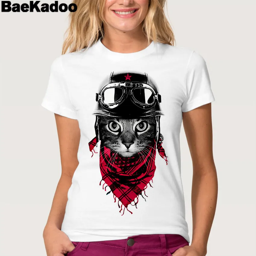 

BAEKADO Short Sleeves Summer aviator Cat Design Printed Tee O-neck t-shirt Women Cloth Top